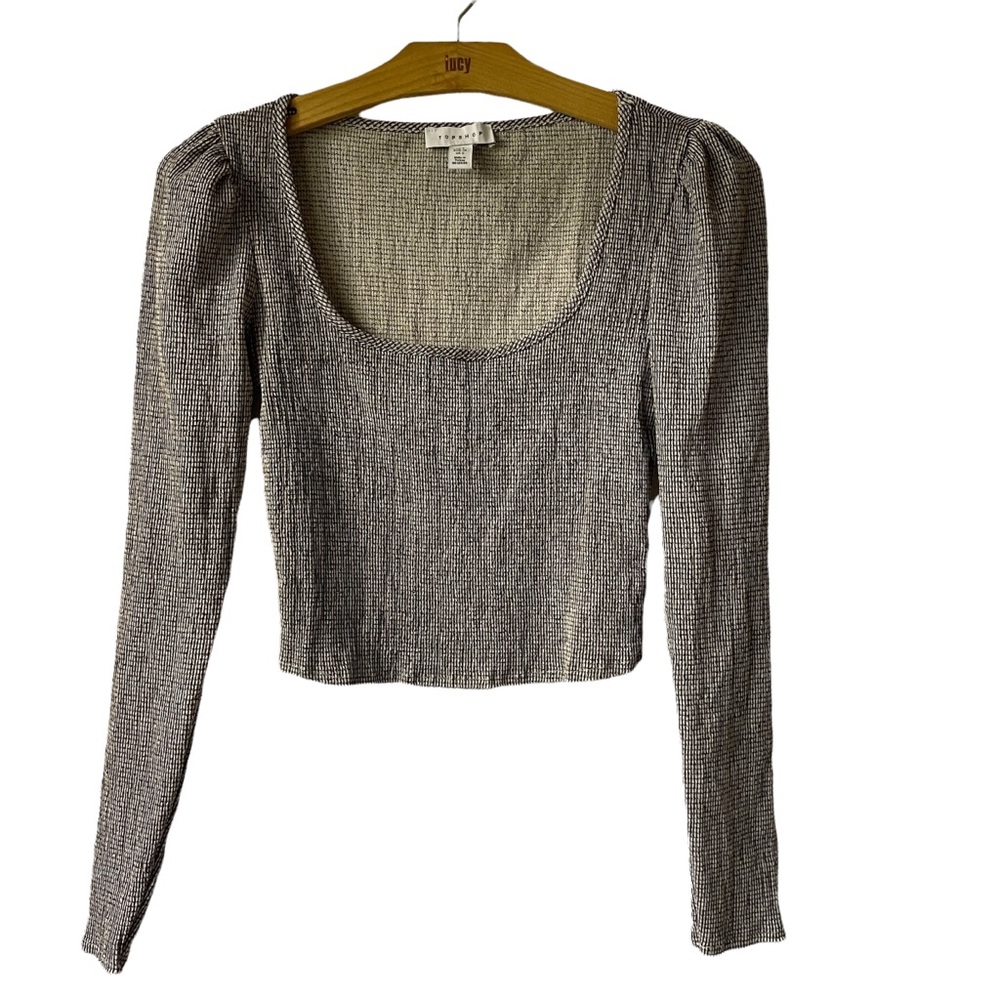 Topshop Size 2 Cream Black Long Sleeve Waffle Crop Top
